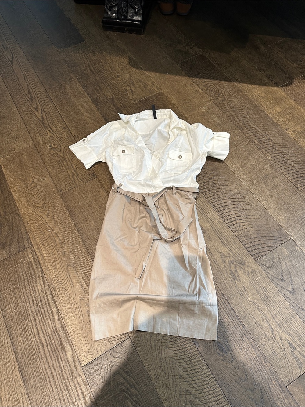 Elegant White Button-Front Blouse with Beige Tie-Waist Skirt